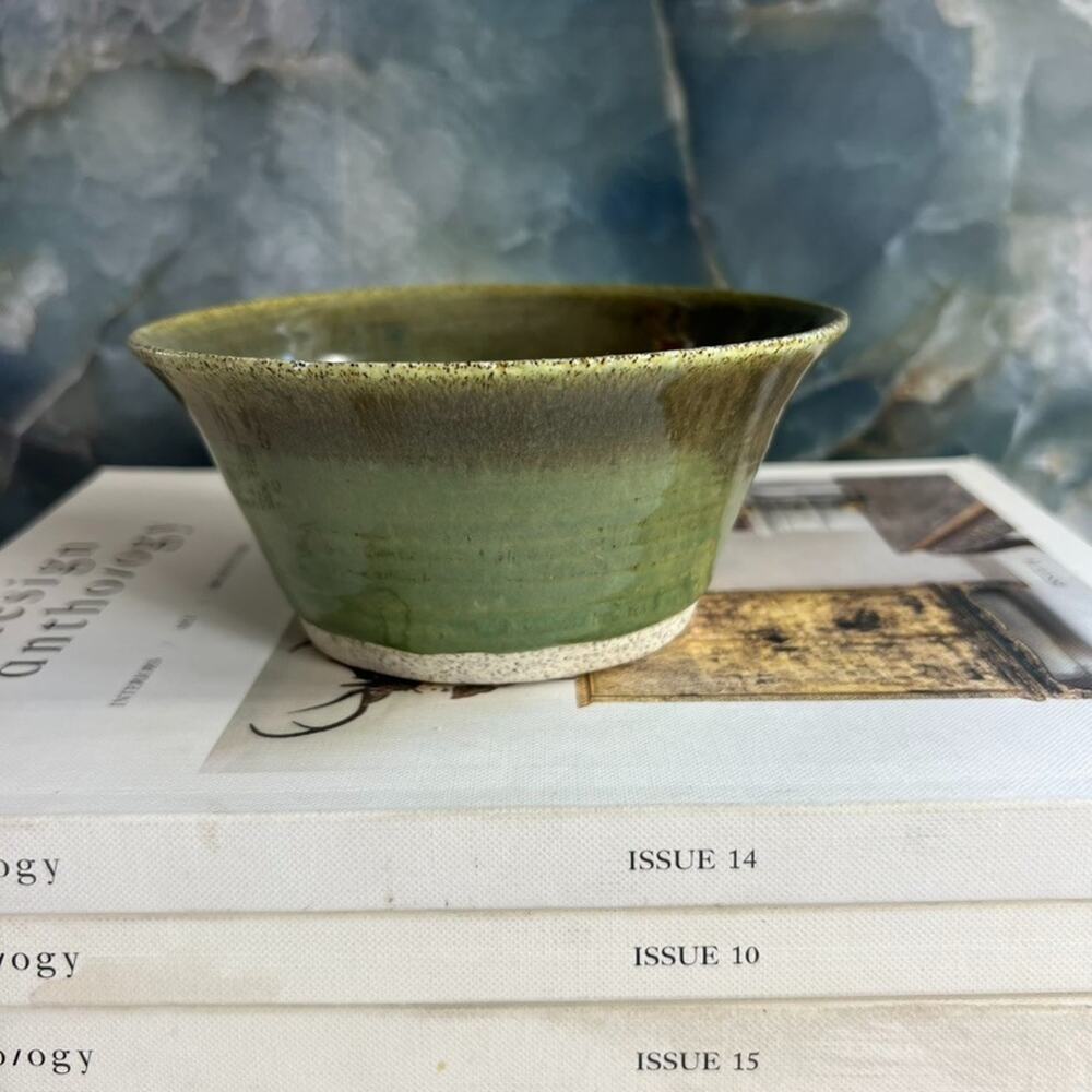 Studio Art Pottery Decorative Bowl Stoneware Green Brown Gradient Signed TRH